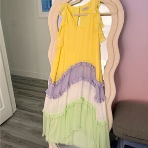 Three Floor pastel Yellow, Purple, and Green Ruffled Dress
